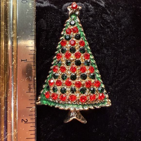 VTG Christmas Tree Pendant Brooch Gold Tone Metal Red Green Rhinestone Enamel 2” - Picture 11 of 12